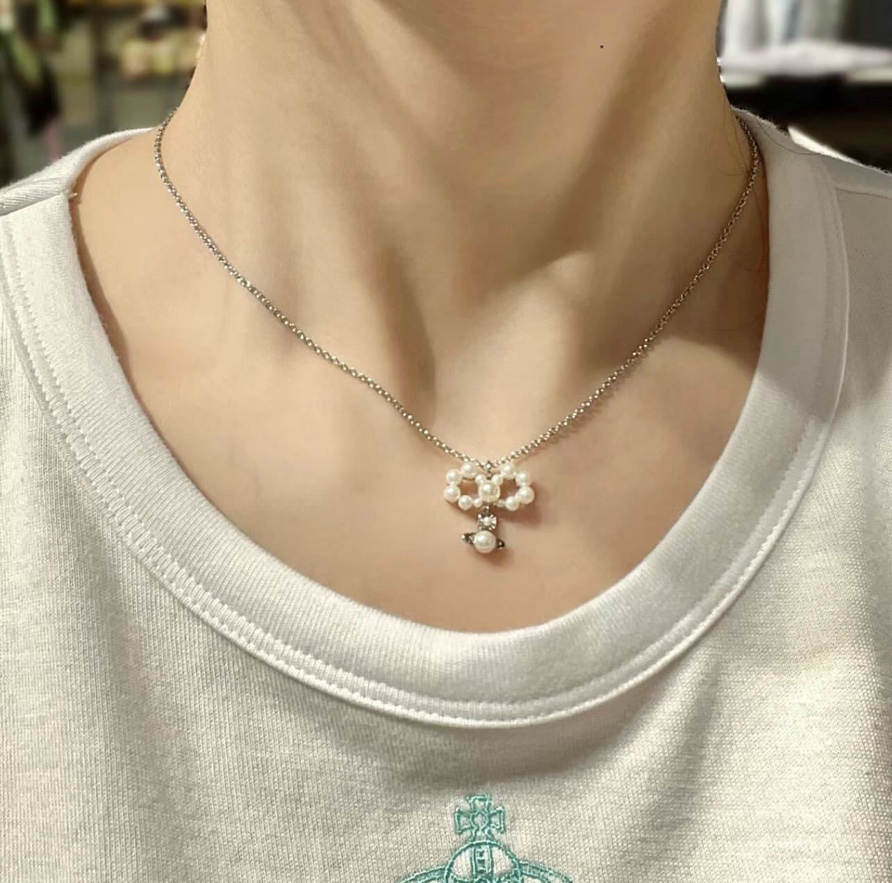 Vivienne Westwood Viviana Pendant Silver Necklace 蝴蝶結珍珠項鍊